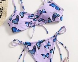 Butterfly Print Drawstring Bikini Swimsuit