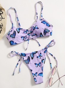 Butterfly Print Drawstring Bikini Swimsuit