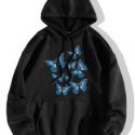 Butterfly Print Drop Shoulder Drawstring Thermal Hoodie