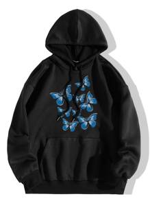 Butterfly Print Drop Shoulder Drawstring Thermal Hoodie