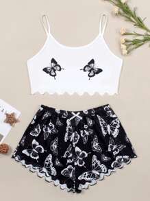 Butterfly Print Lettuce Trim Cami PJ Set