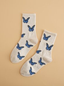 Butterfly Print Ribbed Crew Socks