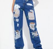 Butterfly Print Ripped Straight Jeans
