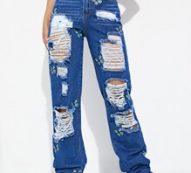 Butterfly Print Ripped Straight Jeans