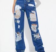 Butterfly Print Ripped Straight Jeans