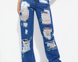 Butterfly Print Ripped Straight Jeans