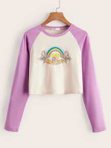 Butterfly & Letter Graphic Raglan Sleeve Tee