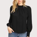 Button Cuff Gathered Neck Top