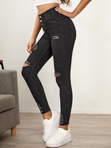 Button Fly Ripped Raw Hem Skinny Cropped Jeans