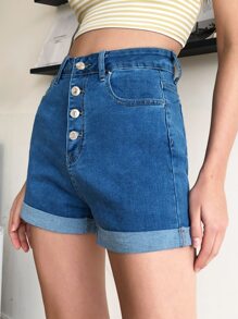 Button Fly Roll Hem Denim Shorts