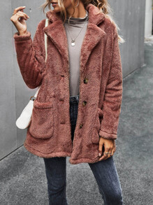 Button Front Double Pocket Teddy Coat