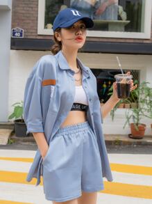 Button Front Drop Shoulder Blouse With Shorts