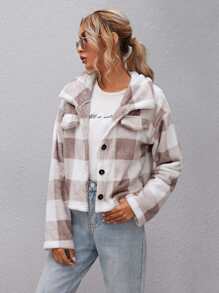 Button Front Drop Shoulder Gingham Jacket