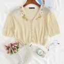 Button Front Embroidered Flower Cardigan