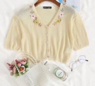 Button Front Embroidered Flower Cardigan