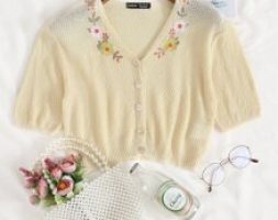 Button Front Embroidered Flower Cardigan