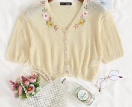 Button Front Embroidered Flower Cardigan