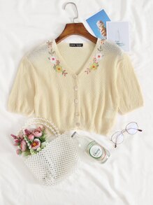 Button Front Embroidered Flower Cardigan