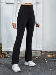 Button Front Flare-leg Solid Pants