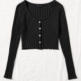 Button Front Lettuce Trim Rib-knit Tee