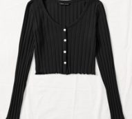 Button Front Lettuce Trim Rib-knit Tee