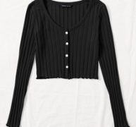 Button Front Lettuce Trim Rib-knit Tee