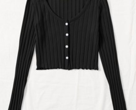 Button Front Lettuce Trim Rib-knit Tee