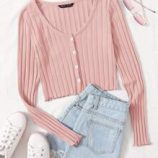 Button Front Lettuce Trim Rib-knit Tee