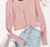 Button Front Lettuce Trim Rib-knit Tee