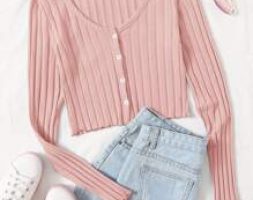 Button Front Lettuce Trim Rib-knit Tee