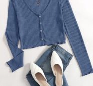 Button Front Lettuce Trim Waffle Knit Top