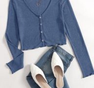 Button Front Lettuce Trim Waffle Knit Top