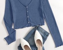 Button Front Lettuce Trim Waffle Knit Top