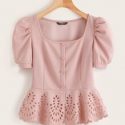 Button Front Puff Sleeve Laser Cut Hem Blouse