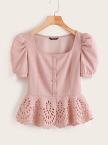 Button Front Puff Sleeve Laser Cut Hem Blouse