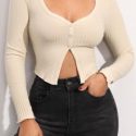 Button Front Rib-knit Slim Top