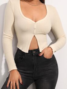 Button Front Rib-knit Slim Top