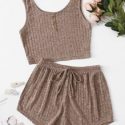 Button Front Rib-knit Tank Top & Shorts Lounge Set