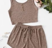 Button Front Rib-knit Tank Top & Shorts Lounge Set