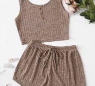 Button Front Rib-knit Tank Top & Shorts Lounge Set