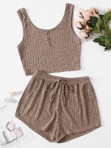 Button Front Rib-knit Tank Top & Shorts Lounge Set