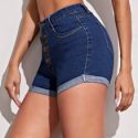 Button Front Rolled Hem Denim Shorts