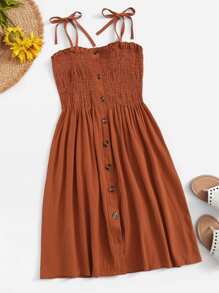 Button-Front Shirred Cami Dress