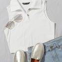 Button Half Placket Rib-knit Tank Top