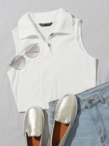 Button Half Placket Rib-knit Tank Top