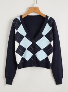 Button Up Argyle Cardigan