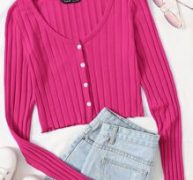 Buttoned Front Lettuce Trim Rib-knit Top