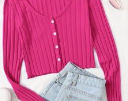 Buttoned Front Lettuce Trim Rib-knit Top