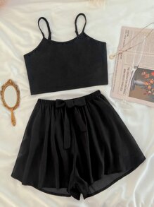 Cami Top With Knot Front Shorts PJ Set