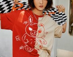 Cartoon Bear Graphic Colorblock Tee